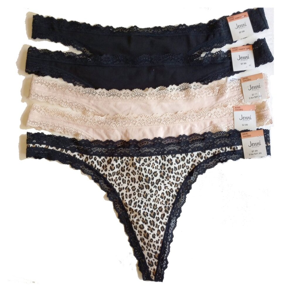 *50off3* NWT Jenni 5-PK Lace Trim Thong Underwear XXXL 3XL Cotton Blend